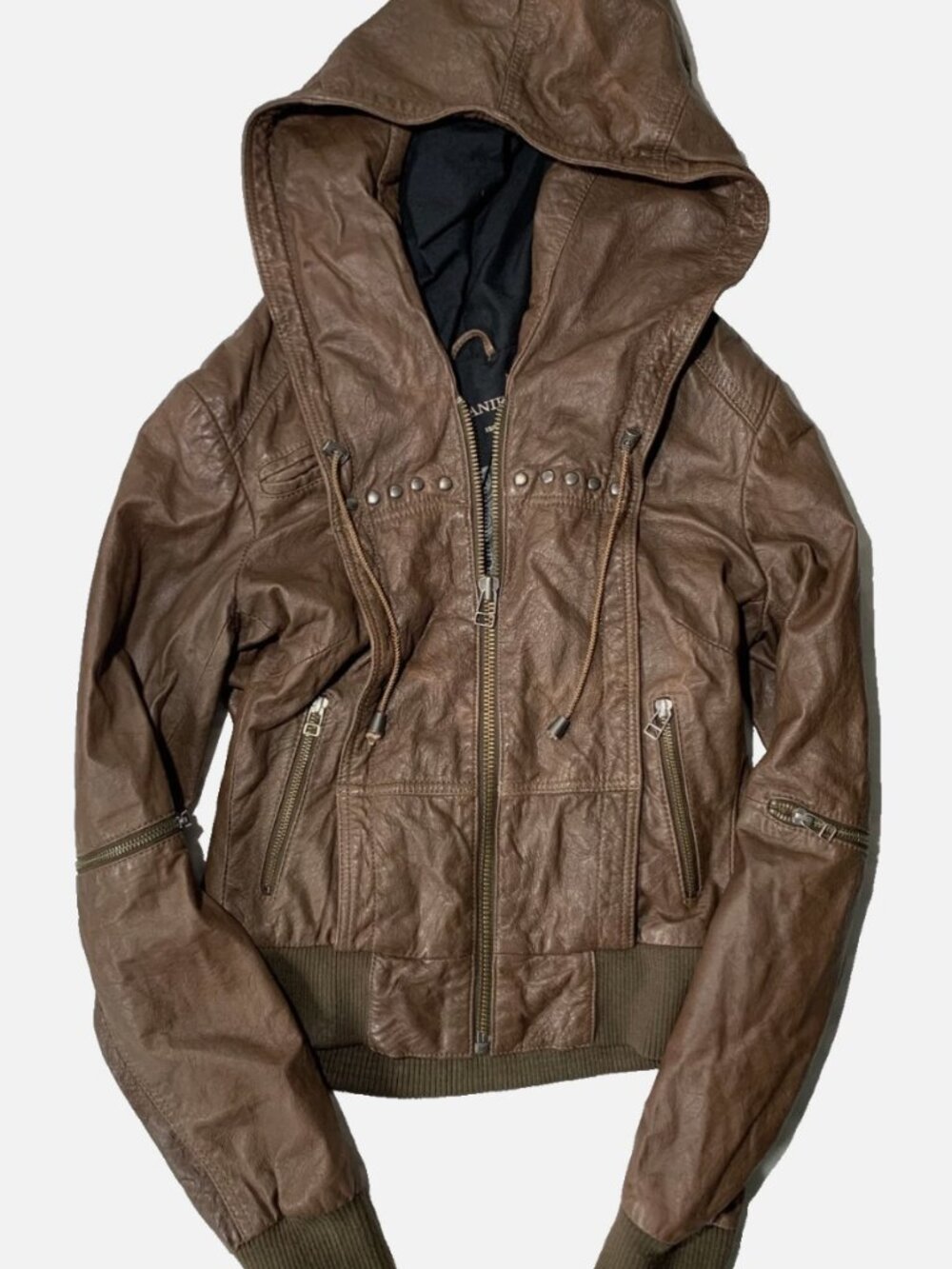 Y2K Danier Women Genuine Leather Hooded Bomber Jacket Brown XS Style 71481